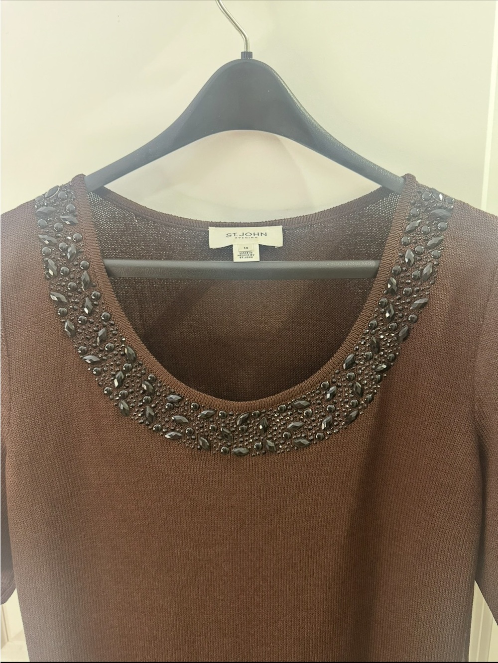 St. John Evening Brown Wool Knit Dress Beaded Neckline Size 14 Vintage - Picture 3 of 11